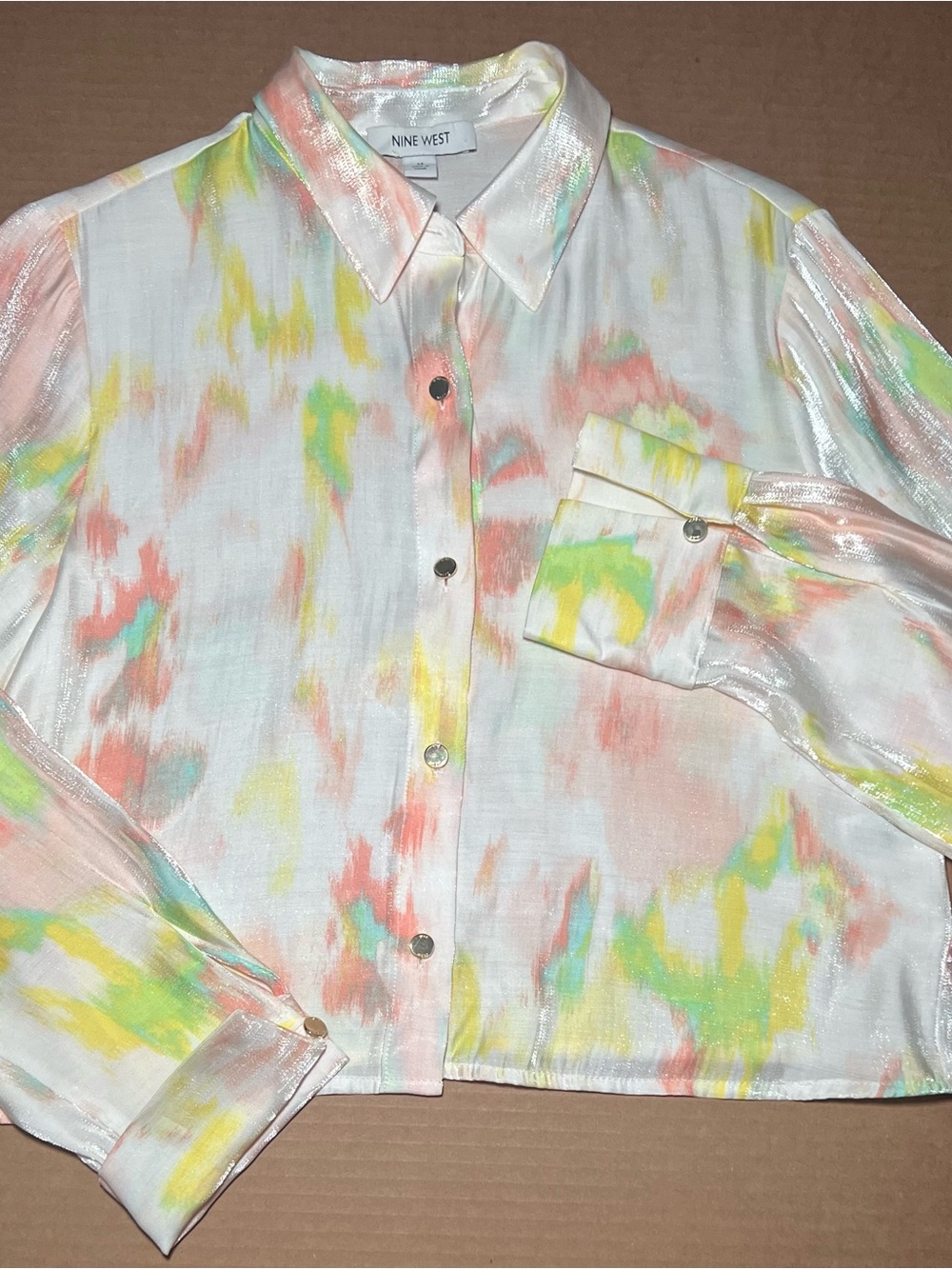 Nine West Metallic Sheer Abstract Print Button Front Blouse Y2K